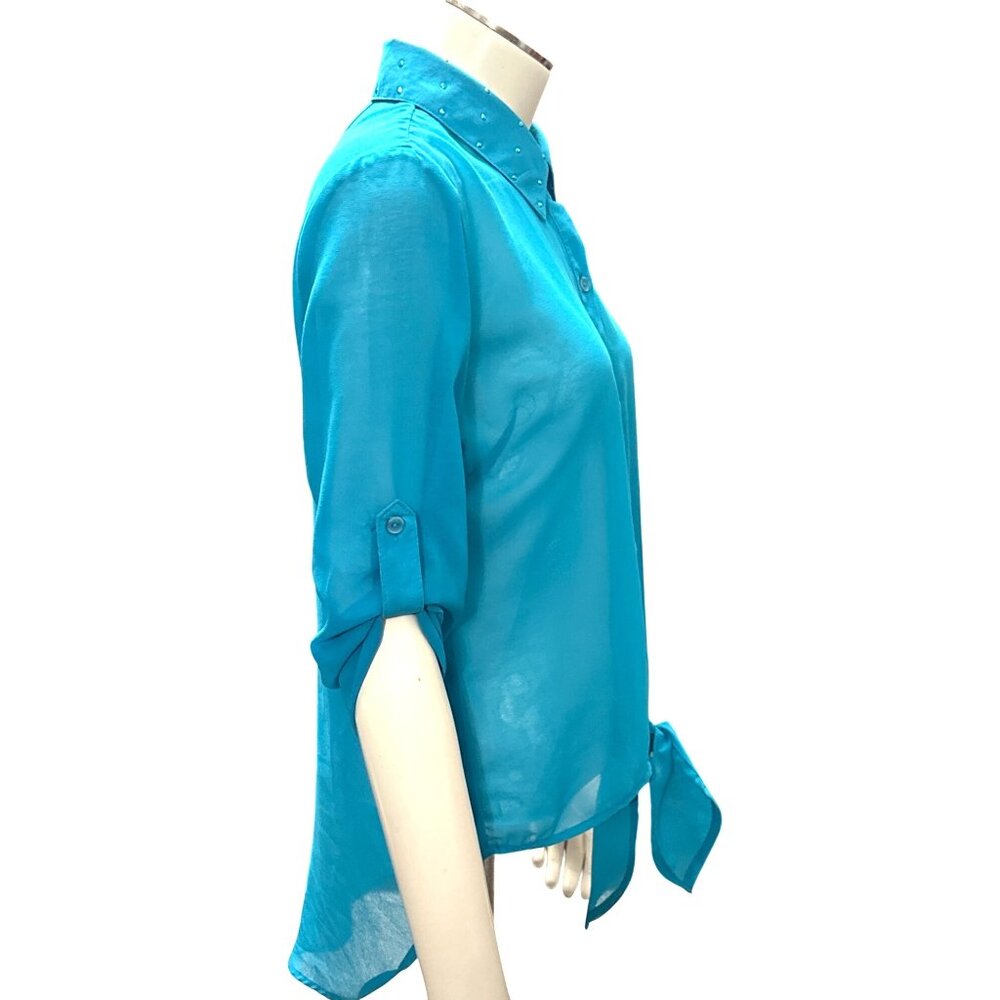 CCC Turquoise Tie Front Cutout Back Blouse Medium Statementwear Sheer Urban Chic - Picture 6 of 9
